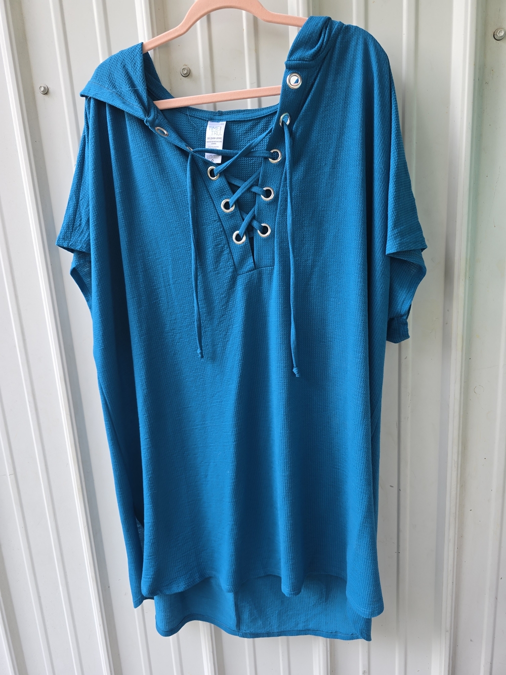 Time and Tru Teal Lace-Up Waffle Knit Women's Plus Size Top